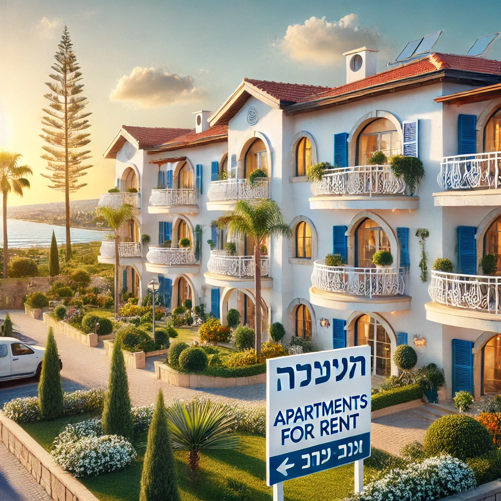 "נוף ציורי של דירות יוקרה להשכרה בקפריסין, בעיצוב ים תיכוני עם קירות לבנים, תריסים כחולים ומרפסות מרווחות המשקיפות לים. הסביבה כוללת גנים ירוקים ודקלים באווירה שטופת שמש. שלט עם המילים 'דירות להשכרה' בעברית ממוקם בכניסה ומשתלב בהרמוניה עם הנוף."