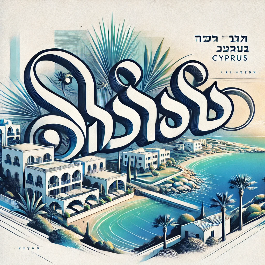 קומפוזיציה אמנותית עם הטקסט "דירות להשקעה בקפריסין" בעיצוב קליגרפי אלגנטי. הרקע מציג נוף ים תיכוני שליו מקפריסין, כולל עיירת חוף, דירות יוקרה ועצי דקל. הצבעים חיים, בגוונים של כחול, לבן וירוק, המשרים תחושת רוגע ופוטנציאל השקעה.