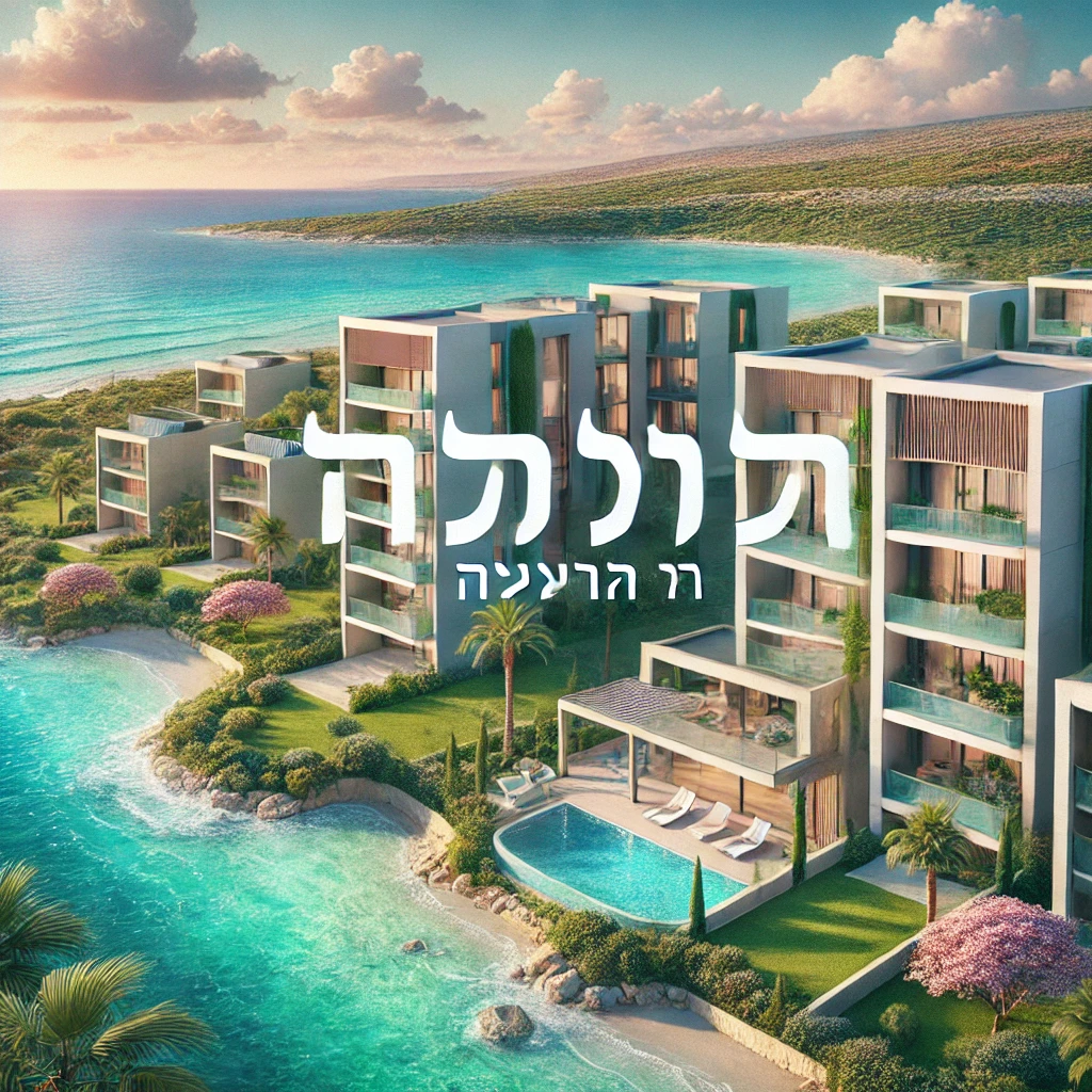 תמונה המציגה את הכיתוב "דירות להשקעה בקפריסין" על רקע נופי קפריסין. בתמונה ניתן לראות קומפלקס דירות מודרני ומפואר המשקיף על הים התיכון בגווני טורקיז, עם גינה ירוקה ועצי דקל בקדמת התמונה. האווירה יוקרתית ומזמינה, ומשדרת הזדמנות להשקעה בנדל"ן במיקום אידילי.