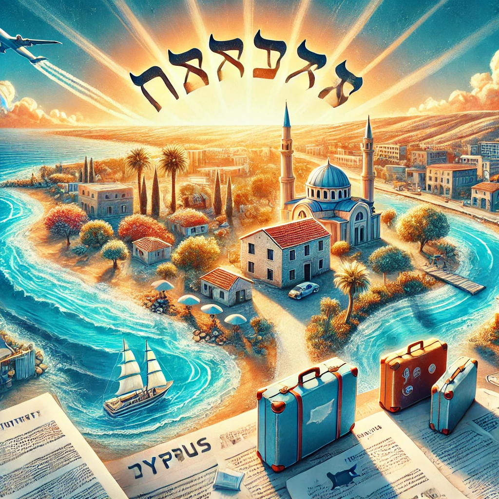 תמונה אמנותית של הגירה לקפריסין, הכוללת את הטקסט בעברית 'הגירה לקפריסין' עם נוף ים-תיכוני שופע שמש, בתים מפנקים ליד הים, וסמלים של נסיעות כמו מזוודות ודרכונים.