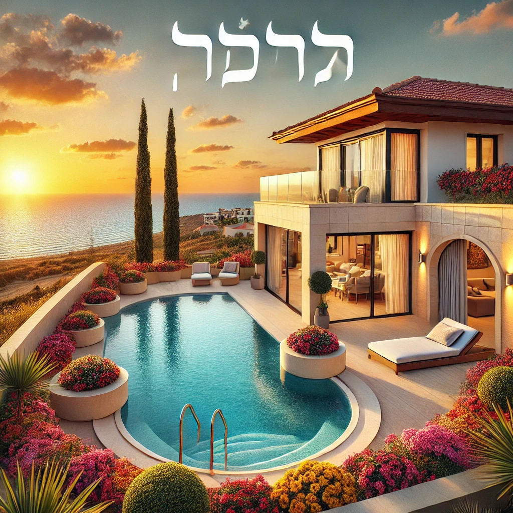 וילה יוקרתית בפאפוס, קפריסין, בעיצוב בסגנון ים תיכוני, עם בריכה פרטית מוקפת בפרחים ססגוניים ונוף לים הכחול הנוצץ. האווירה שקטה תחת שמי שקיעה זהובים. הכיתוב בעברית "וילות בפאפוס קפריסין" משולב בצורה אורגנית בנוף.