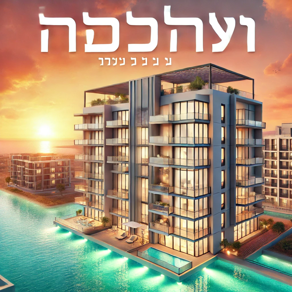 לוח דירות להשכרה בקפריסין, עם עיצוב המציג מתחם דירות מודרני עם מרפסת המשקיפה לים, מים בצבע טורקיז ונוף שקיעה חמים, המדגיש יוקרה ויופי נופי.