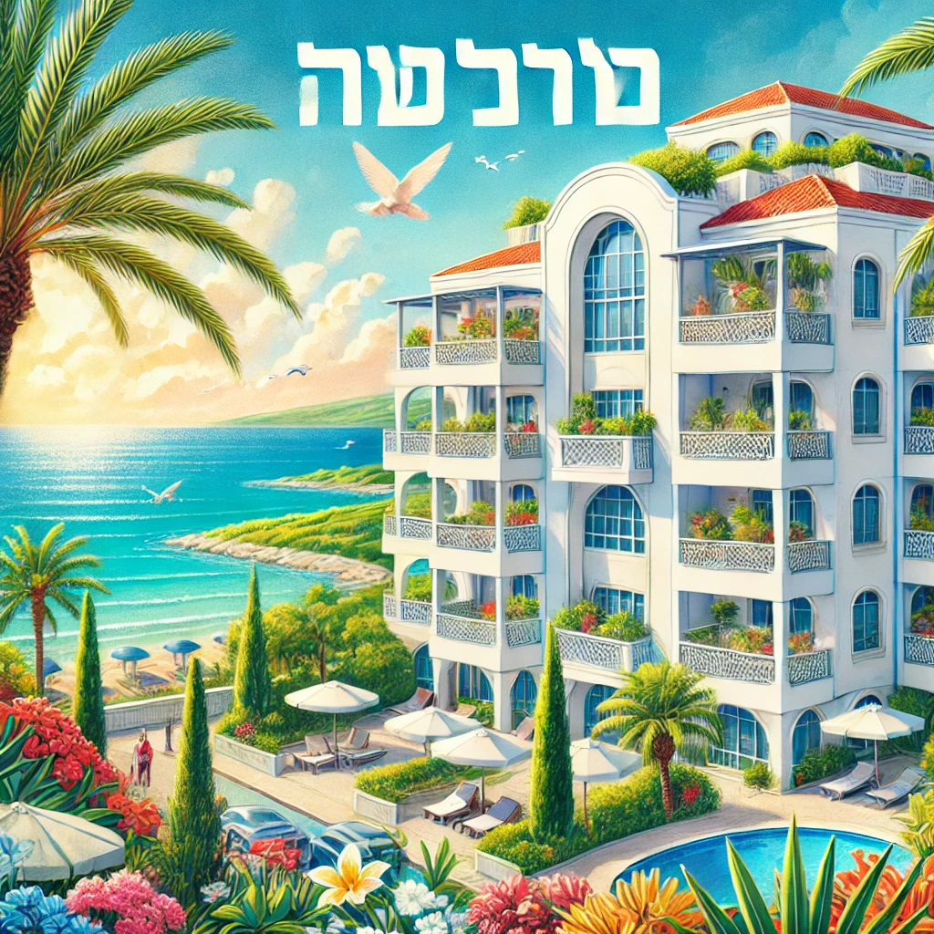 תיאור אלטרנטיבי: איור ציורי של בניין דירות בסגנון ים-תיכוני בקפריסין, עם קירות לבנים, גגות כחולים ומרפסות גדולות המשקיפות לים הכחול. מסביב לבניין יש עצי דקל ירוקים ופרחים צבעוניים, תחת שמיים בהירים ושטופי שמש. הטקסט "מחיר דירה בקפריסין" משתלב בצורה אמנותית בתמונה.
