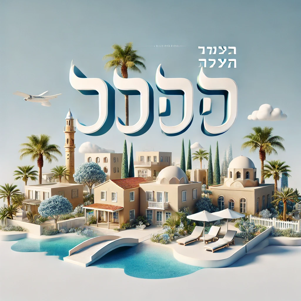 הטקסט "מחירון דירות בקפריסין" מוצג בעברית עם טיפוגרפיה אלגנטית, על רקע של קפריסין הכולל מבנים בסגנון ים תיכוני, עצי דקל ושמיים כחולים. העיצוב מעביר תחושת