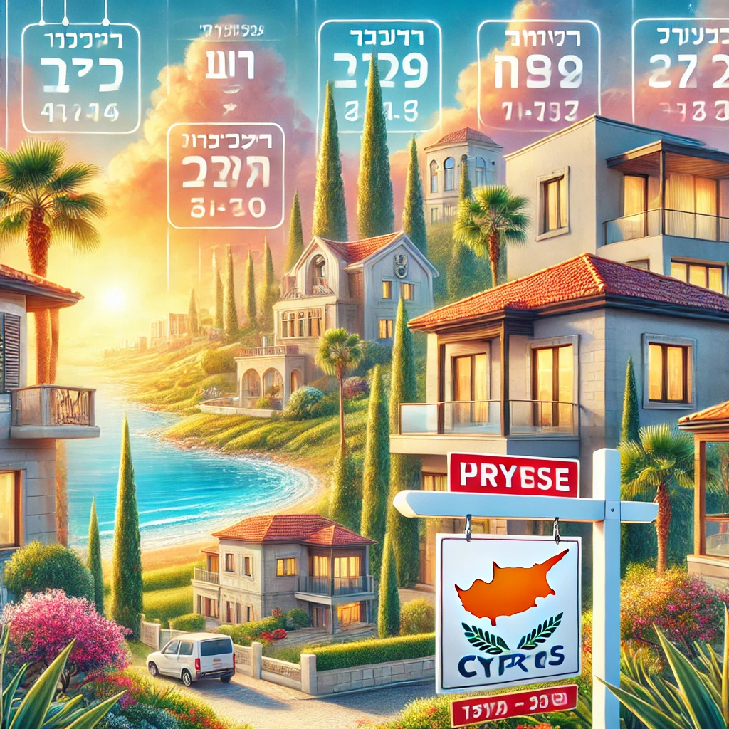 נוף של שוק הנדל"ן בקפריסין, הכולל דירות מודרניות, וילות בסגנון ים תיכוני ושלטי נדל"ן עם מחירים בעברית. ברקע ניתן לראות את הים התיכון, עצי דקל ומזג אוויר שמשי.