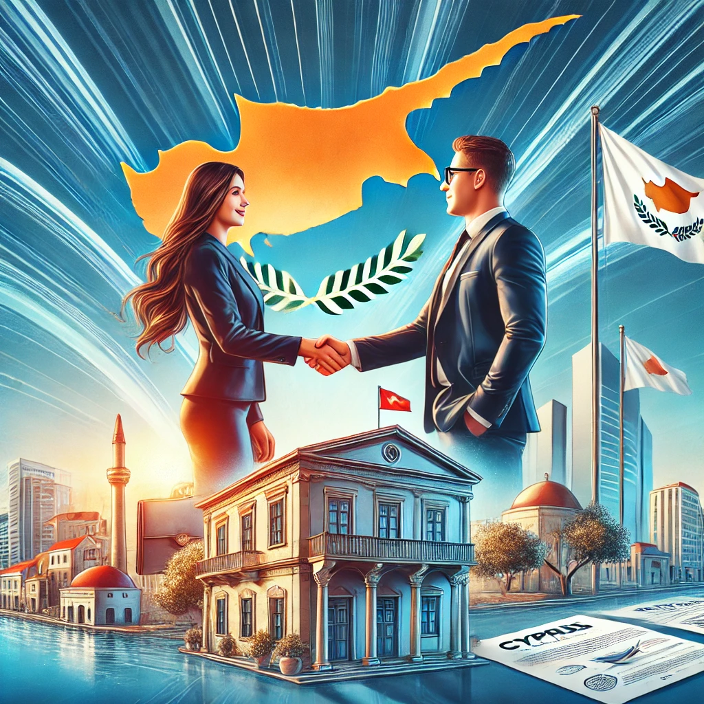 איור דינמי המייצג את הרעיון של פתיחת חברה בקפריסין. התמונה מציגה איש עסקים ואשת עסקים לוחצים ידיים מול בניין איקוני בקפריסין עם אלמנטים ים תיכוניים. ברקע דגל קפריסין, מסמכים רשמיים עם לוגו חברה ושמים כחולים. הים התיכון נראה ברקע, מסמל צמיחה והזדמנויות. הסגנון מודרני ומקצועי.