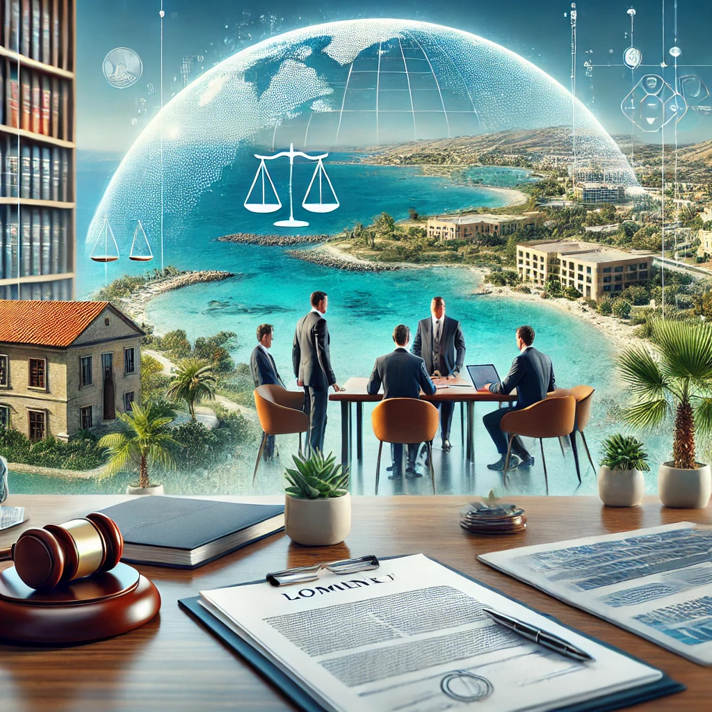סצנה מקצועית המתארת את פתיחת חברה בקפריסין. התמונה מציגה משרד מודרני עם אנשי עסקים, מחשבים ניידים ומסמכים על שולחן אלגנטי. ברקע ניתן לראות נוף ים תיכוני מרהיב של חוף עם מים כחולים, עצי דקל ואדריכלות קפריסאית מסורתית.