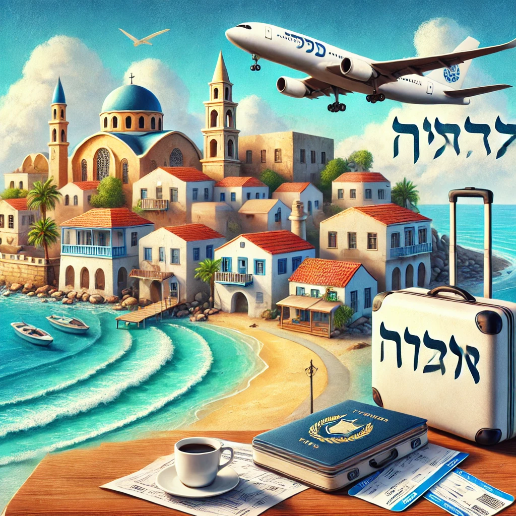 רילוקיישן לקפריסין: איור של נוף קפריסאי טיפוסי הכולל חוף ים עם חול זהוב, עצי דקל, ובתי מגורים לבנים בסגנון ים-תיכוני, הממחיש את איכות החיים הגבוהה באי.